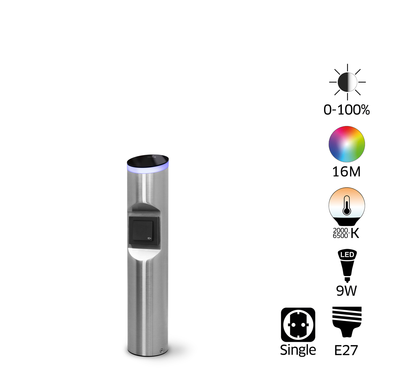 hesotec eLight Color S Single - smarte Outdoor Leuchte mit Steckdose - Edelstahl gebürstet